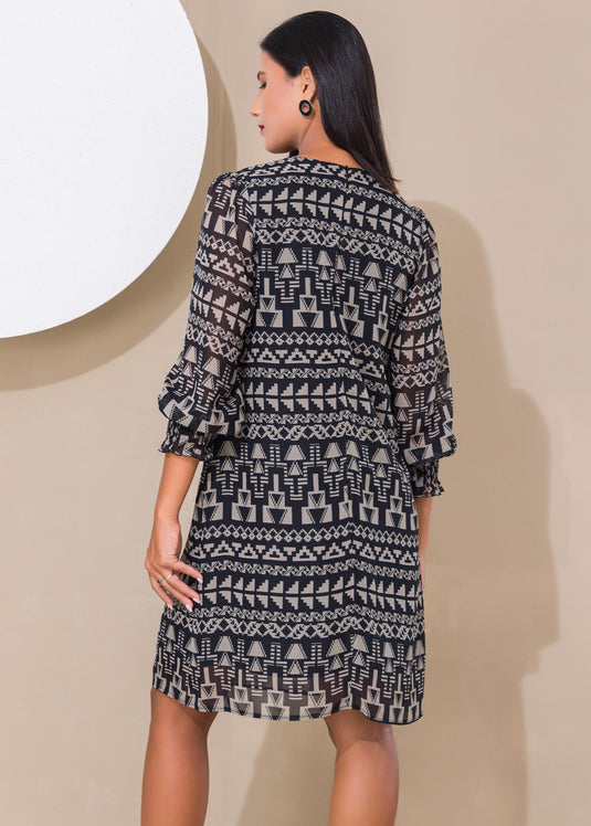 Printed shift dress with smocked cuff