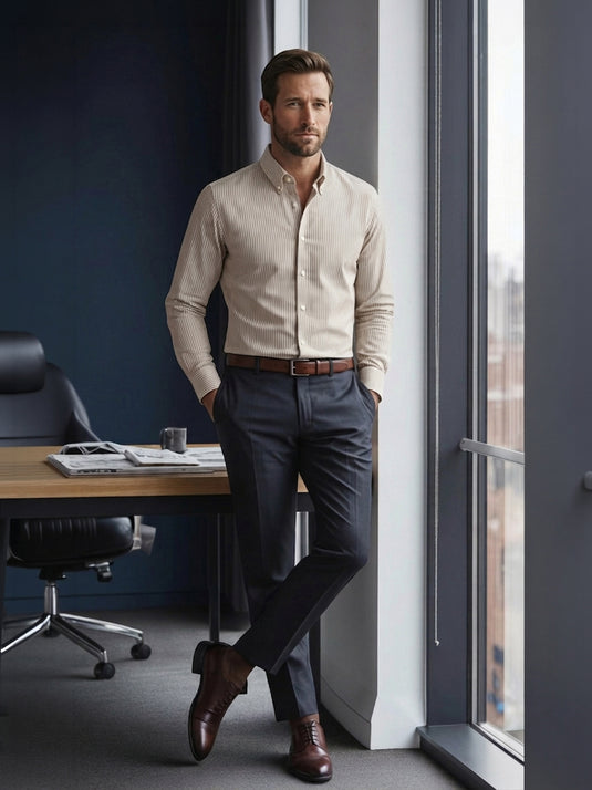 Semi Formal Stripe  Long Sleeve Shirt - Brown Strip