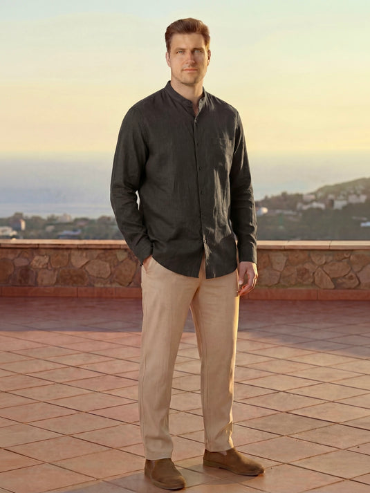Linen Manderin Collar Short Sleeve Shirt