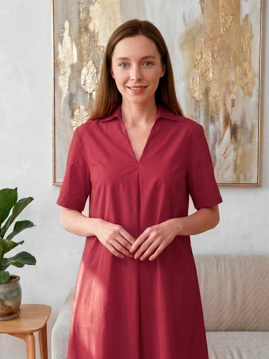 V neck dress with collar and front pleat