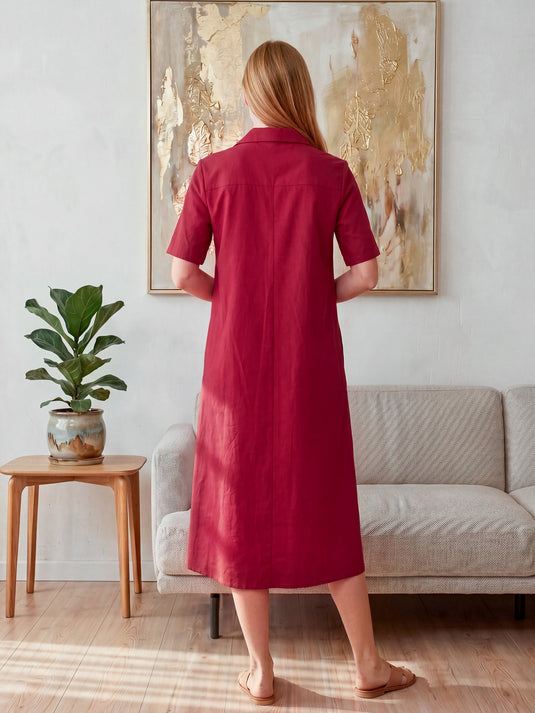 V neck dress with collar and front pleat