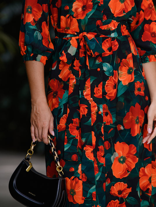 V neck printed button down dress