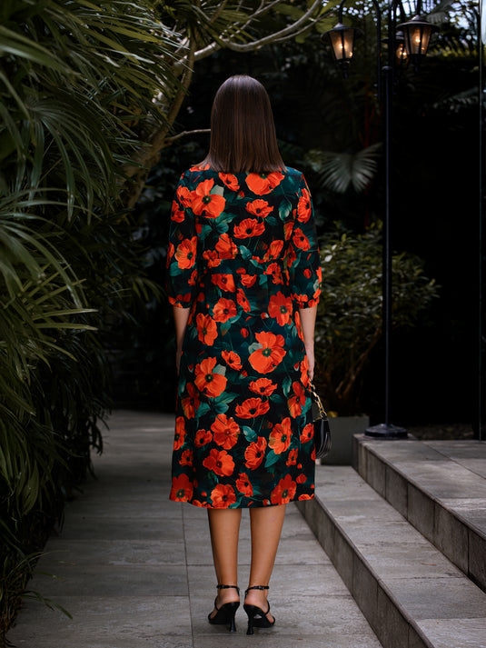 V neck printed button down dress