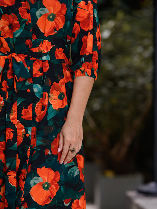 V neck printed button down dress