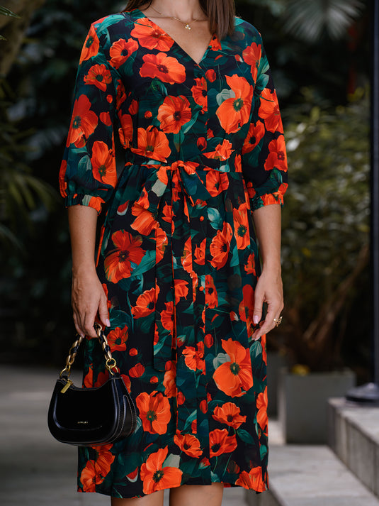 V neck printed button down dress