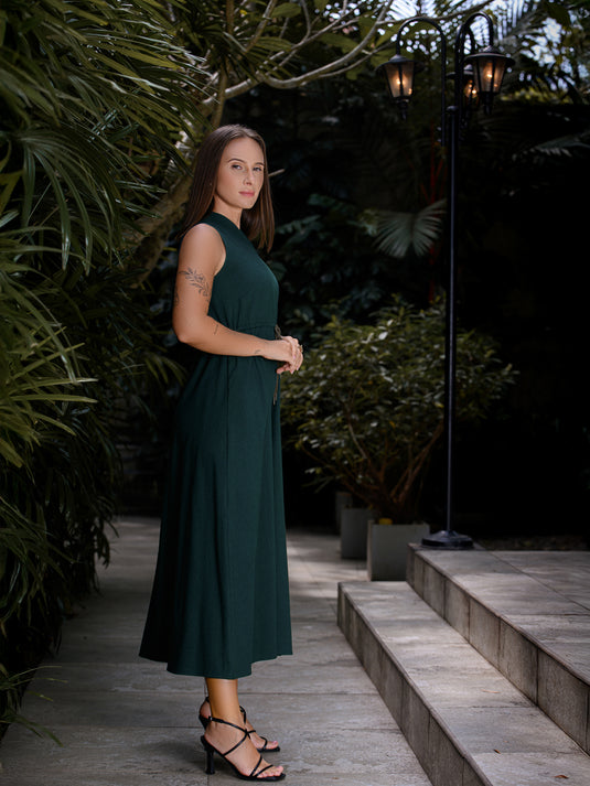 Sleeveless V neck maxi dress with draw cord