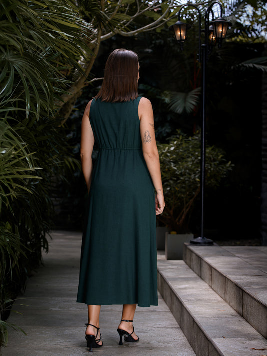 Sleeveless V neck maxi dress with draw cord