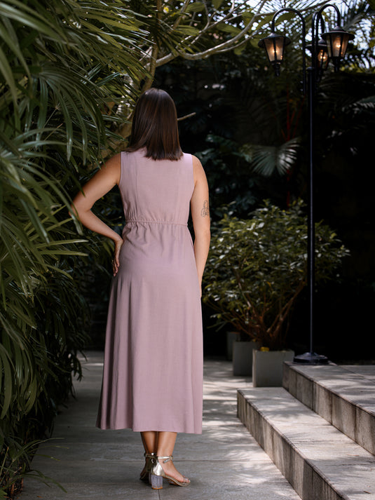 Sleeveless V neck maxi dress with draw cord