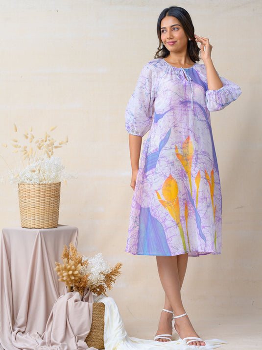 Round neck tie-front detailed A-line batik  dress
