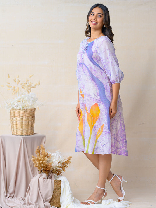 Round neck tie-front detailed A-line batik  dress