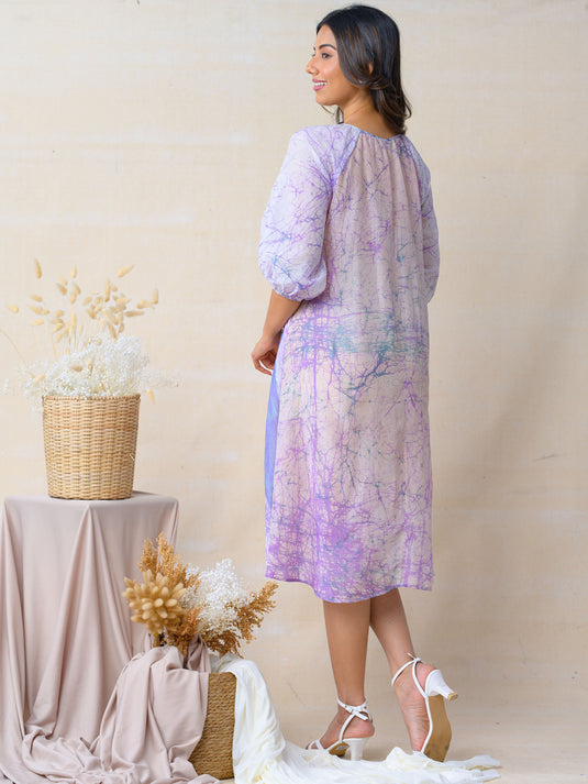 Round neck tie-front detailed A-line batik  dress