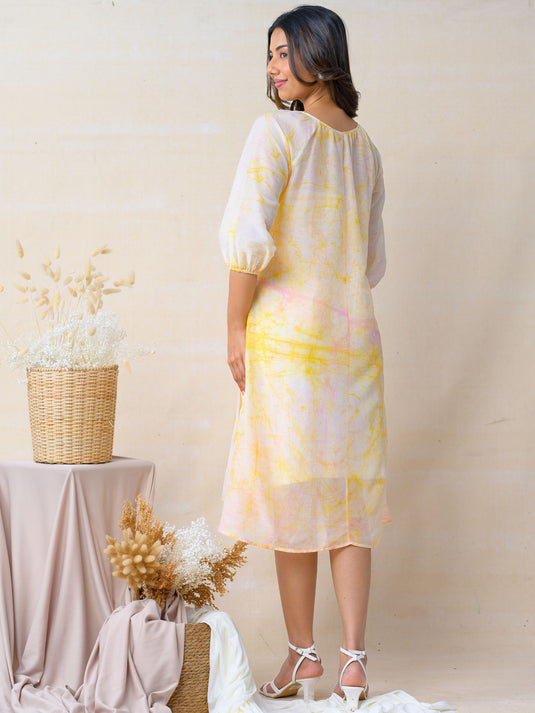 Round neck tie-front detailed A-line batik  dress