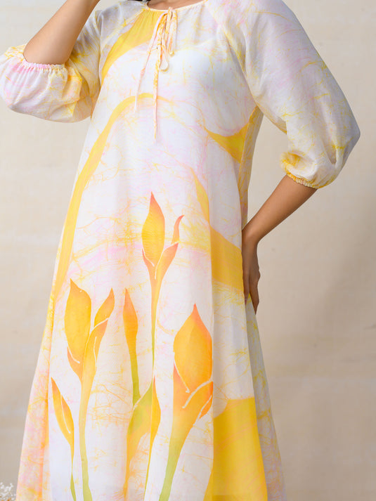 Round neck tie-front detailed A-line batik  dress