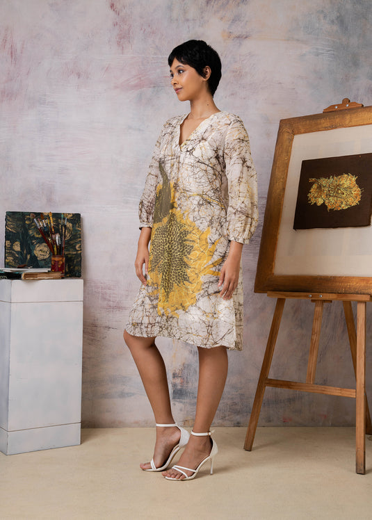 Van Gogh sunflower inspired v- neck puff sleeve dress