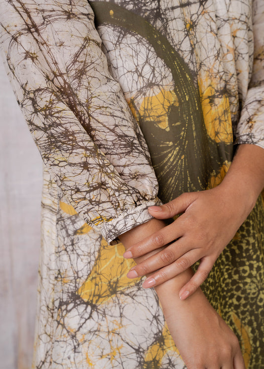 Van Gogh sunflower inspired v- neck puff sleeve dress