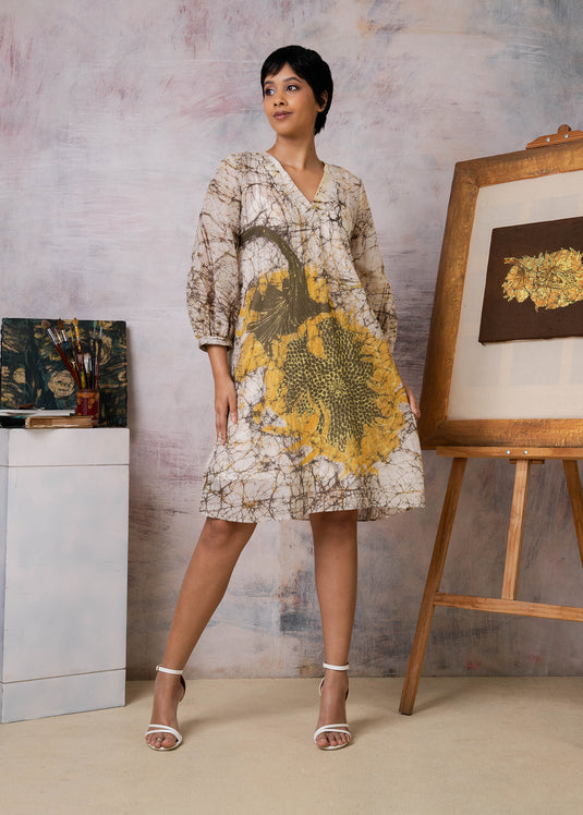 Van Gogh sunflower inspired v- neck puff sleeve dress