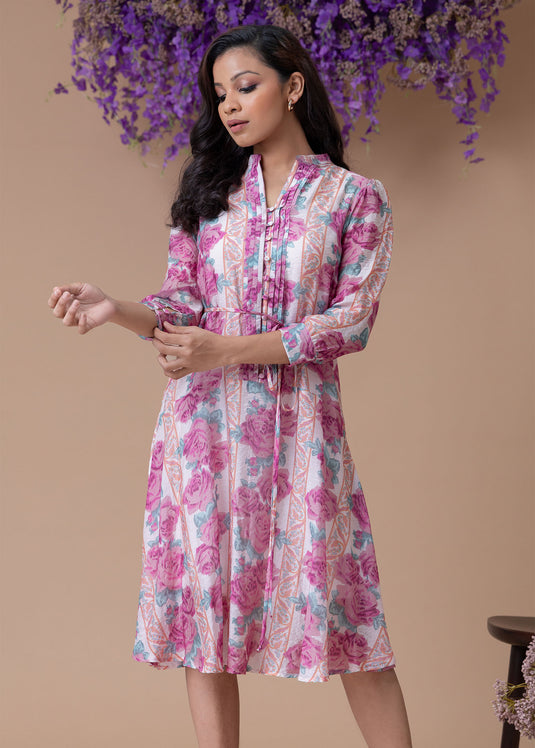 Printed dress with pintuck detail