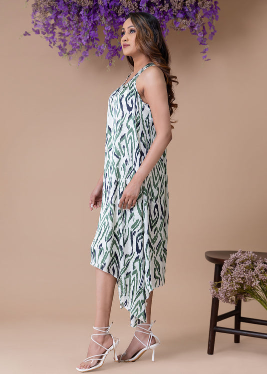 Halter dress with asymmetrical hem
