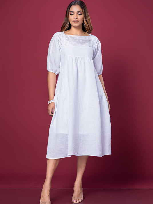 Pintuck Detailed Linen Dress With Side Panels