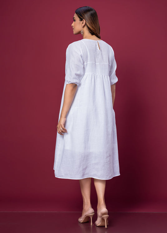 Pintuck Detailed Linen Dress With Side Panels