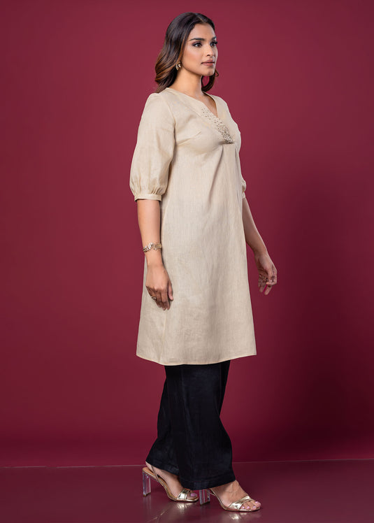 Hand Embroidered V Neck Linen Kurtha Top