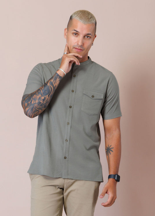 Manderin Collar S/S Shirt With Flap PKT