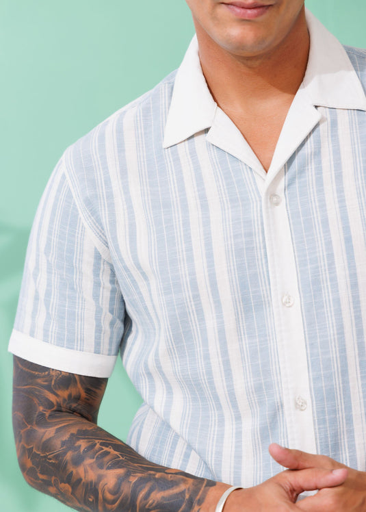 Linen Stripe Camp Collar Shirt