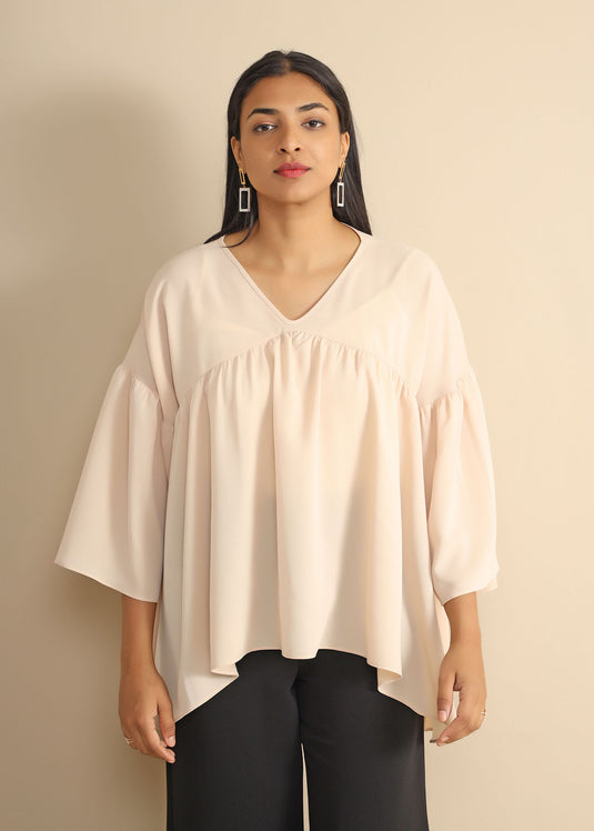 Front Gathering Detailed Top With Gathered Sleeve