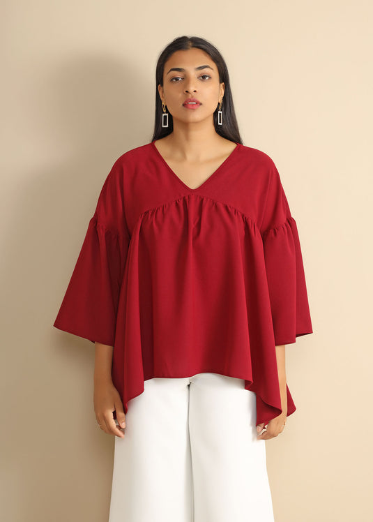 Front Gathering Detailed Top With Gathered Sleeve