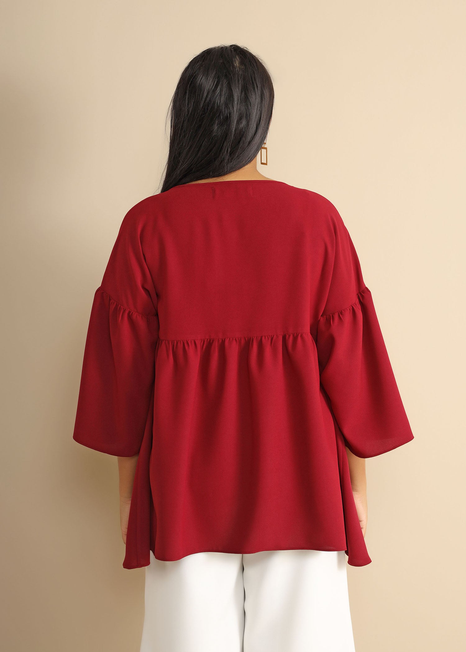 Front Gathering Detailed Top With Gathered Sleeve