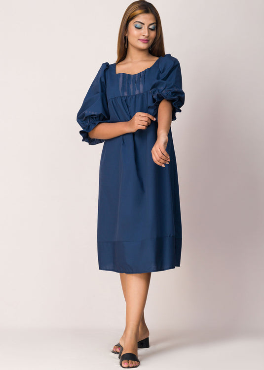 Balloon Sleeve Detailed Batik Midi Dress