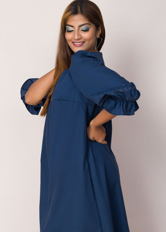 Balloon Sleeve Detailed Batik Midi Dress