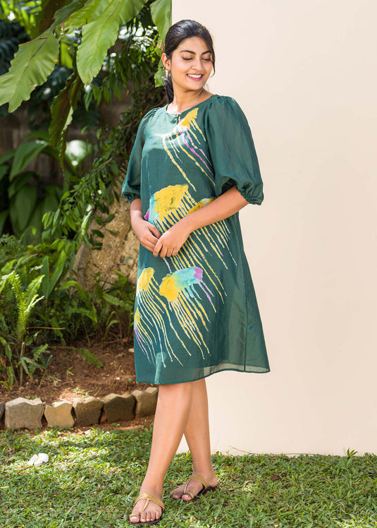 Batik jellyfish detailed puff sleeved dress