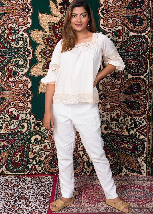 Cream Lace Detail Raffia Blouse