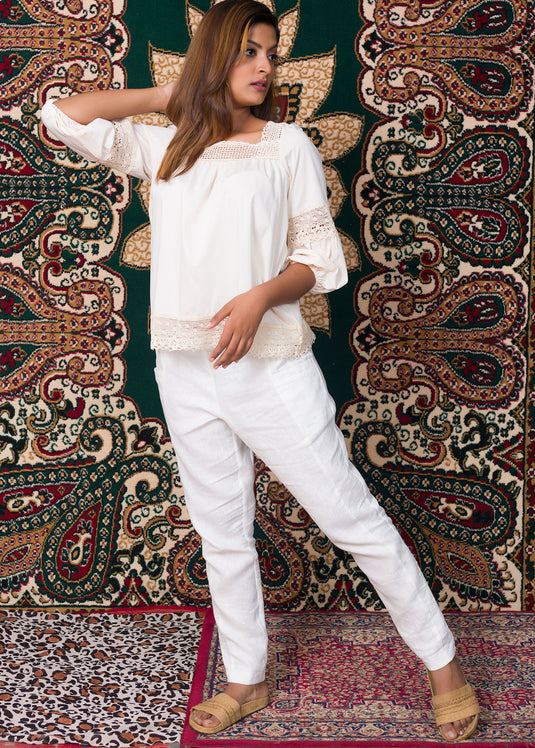 Cream Lace Detail Raffia Blouse