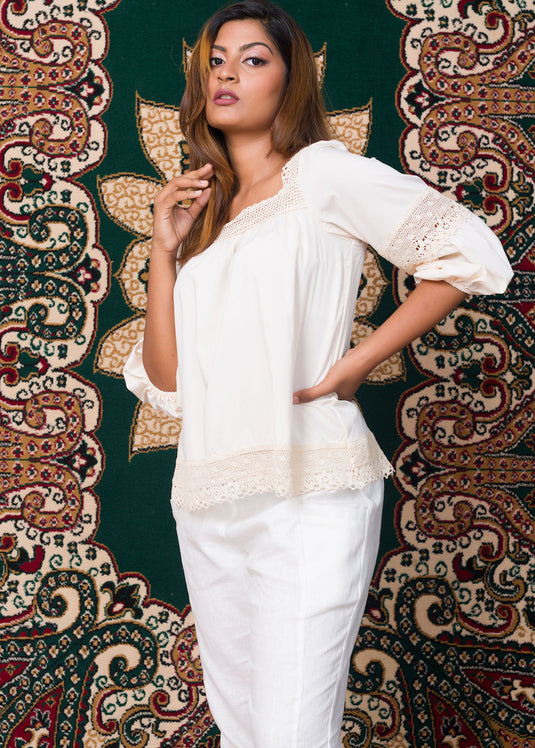 Cream Lace Detail Raffia Blouse