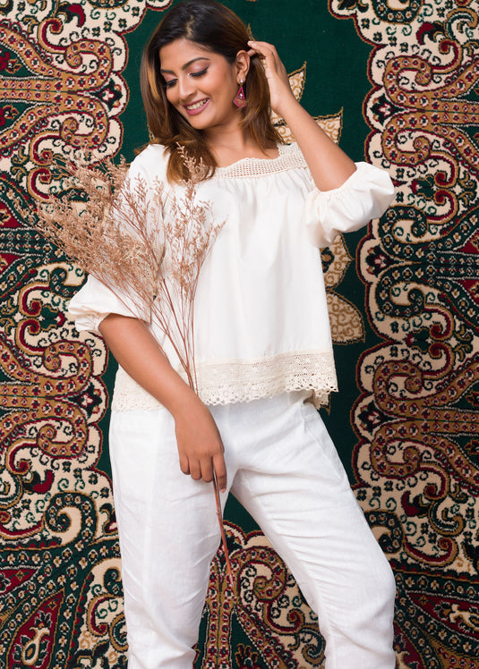 Cream Lace Detail Raffia Blouse