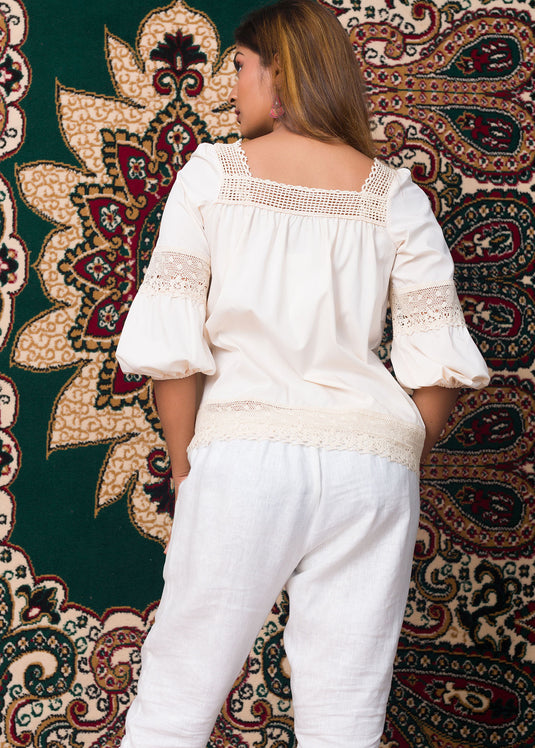Cream Lace Detail Raffia Blouse