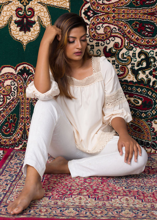 Cream Lace Detail Raffia Blouse