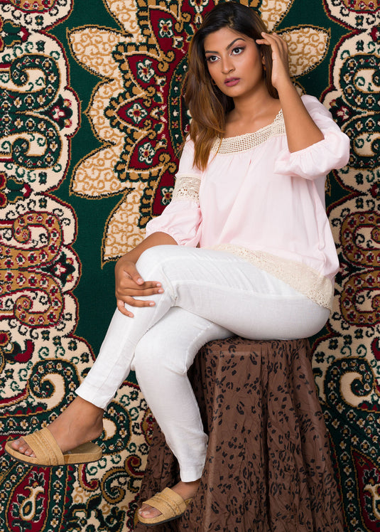 Salmon Pink Cream Lace Detail Raffia Blouse