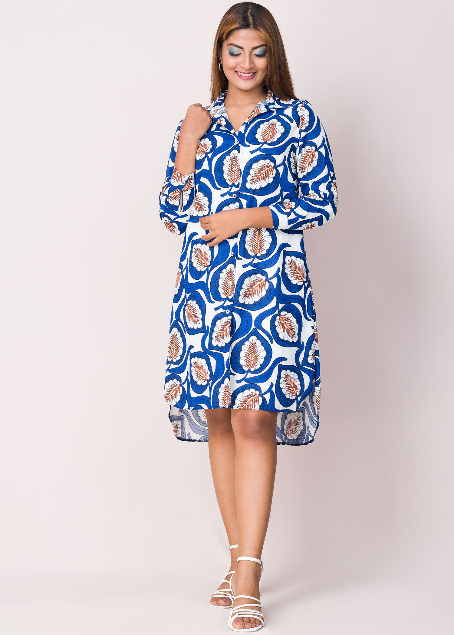 Abstract Patterned Button Down High-Low Shirt Dress