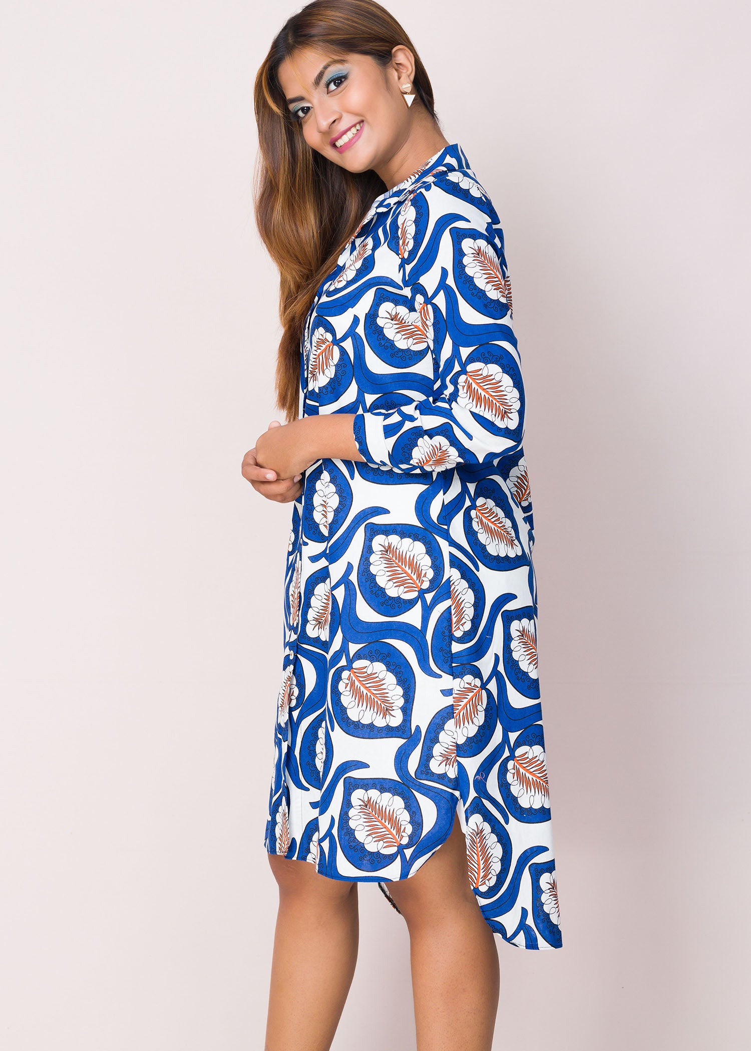Abstract Patterned Button Down High-Low Shirt Dress