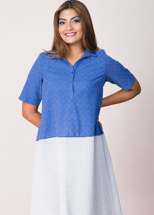 Collar Detailed Contrast Flared Dress