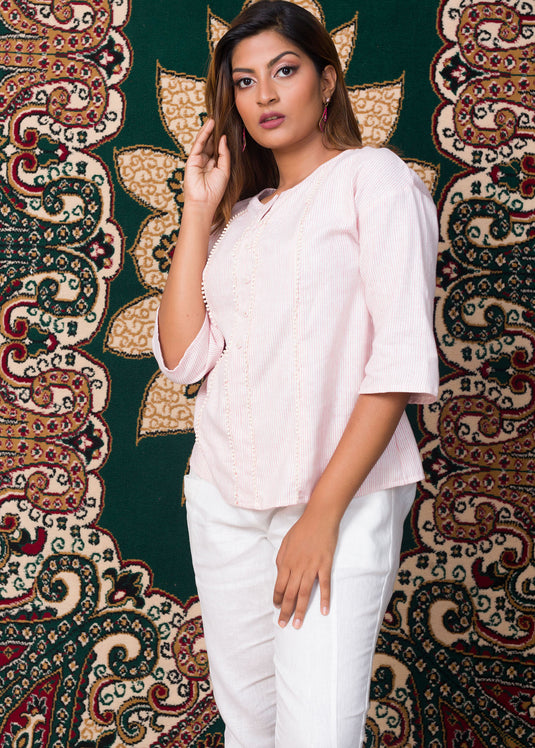 Fringe Lace Detail Raffia Blouse