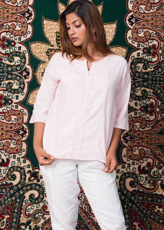 Fringe Lace Detail Raffia Blouse