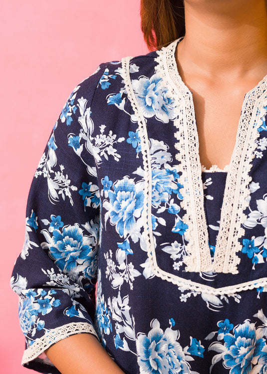 Cotton Lace Trimmed Floral Printed Dress