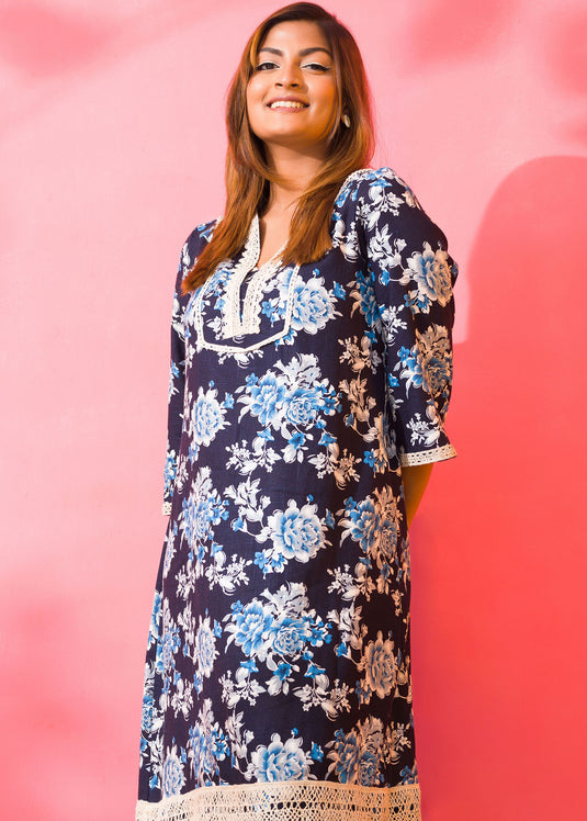 Cotton Lace Trimmed Floral Printed Dress
