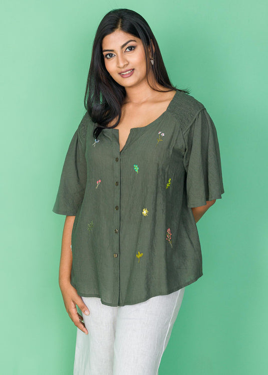 HAND EMBROIDERED SMOKING DETAIL BLOUSE