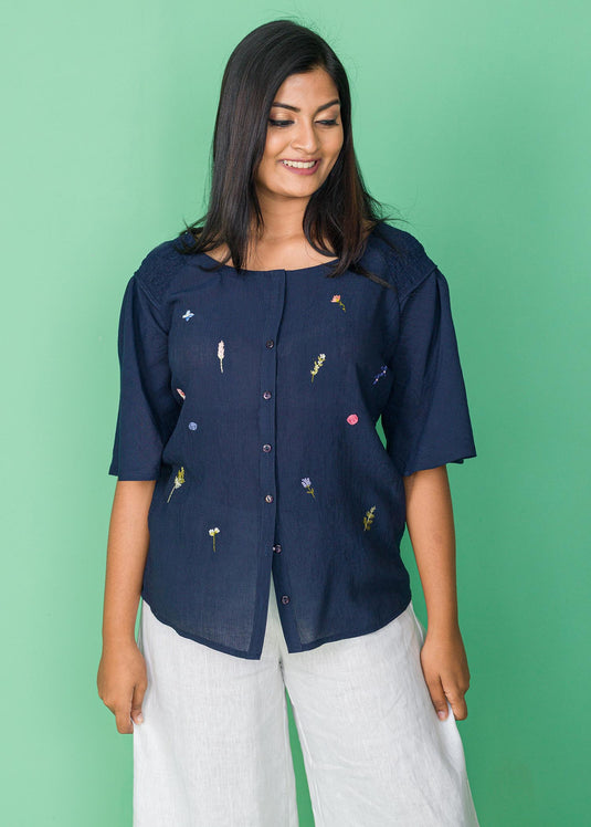 HAND EMBROIDERED SMOKING DETAIL BLOUSE