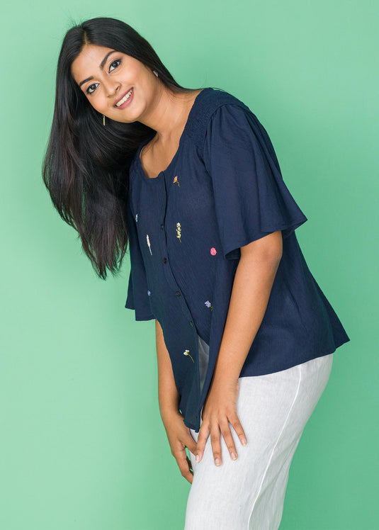 HAND EMBROIDERED SMOKING DETAIL BLOUSE